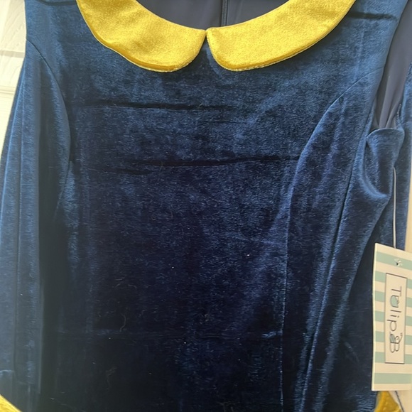 Navy and Gold Velvet Dress. NWT. Peter Pan Collar Tulip B - Picture 4 of 6